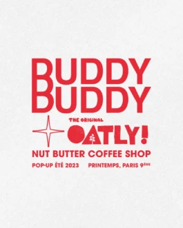 Buddy Buddy x Oatly full event logo with pop-up details for Printemps Paris 2023.