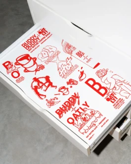 Illustration sheet featuring Buddy Buddy x Oatly logos, graphics, and sketches for the Paris pop-up coffee shop.