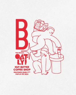 Red line illustration of intertwined figures with a nut butter motif, paired with the Buddy Buddy × Oatly logo and pop-up details.