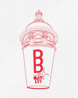 Red line illustration of a to-go coffee cup with the Printemps dome as the lid, branded Buddy Buddy × Oatly.