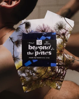 Beyond the Pines handmade body soap by Hank Brussels, shown with bold packaging and artistic lifestyle visuals featuring pine trees.
