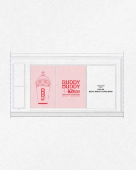 Pre-opening storefront design for the Buddy Buddy × Oatly pop-up, featuring large window coverings with posters in pink and red to hide renovation works.