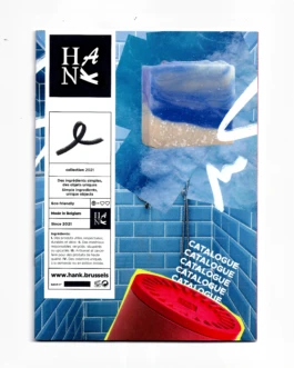Hank Brussels catalogue cover featuring the Son of a Beach soap, Poly candle lid, and branding elements with collage textures in blue and red.