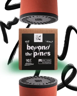 Hank Brussels Beyond the Pines candle with packaging, featuring pine, cedar, and eucalyptus scent, styled with graphic black brushstrokes.