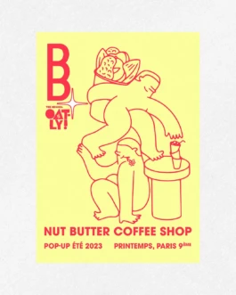 Yellow poster for the Buddy Buddy x Oatly pop-up, featuring a red line illustration of figures with nut butter elements and bold typography announcing the event.