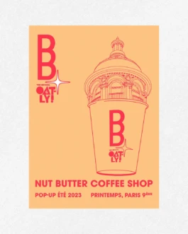 Poster design for the Buddy Buddy x Oatly pop-up, featuring the Printemps dome illustrated inside a coffee cup outline.