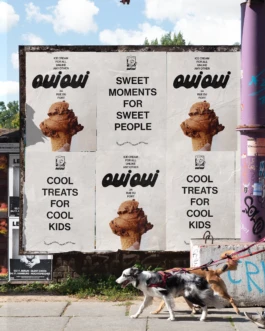 Street mockup showing Oui Oui posters pasted on a wall, featuring ice cream visuals, the bold “Sweet moments for sweet people” and “Cool treats for cool kids” taglines, alongside the Oui Oui logo.