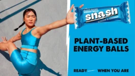 Snash logo billboard mockup with Almond & Coconut plant-based energy balls, showing athlete in blue sportswear next to advertisement 