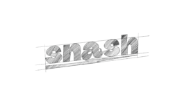 Animated GIF showing the Snash logo design evolution from sketch to grid, monochrome, shadow effect, and final packaging application by Hank Studio 