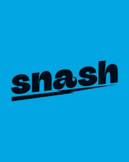 Snash logo design – bold black wordmark on blue background 