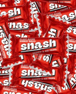 Stack of Snash plant-based energy balls packaging – Cashew & Red Fruits flavor 