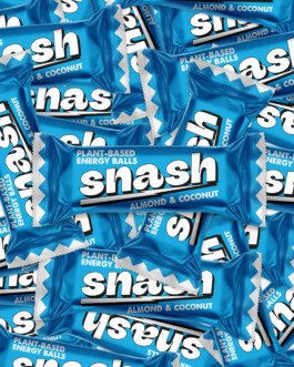 Stack of Snash plant-based energy balls packaging – Almond & Coconut flavor 