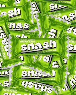 Stack of Snash plant-based energy balls packaging – Pecan & Pistachio flavor 
